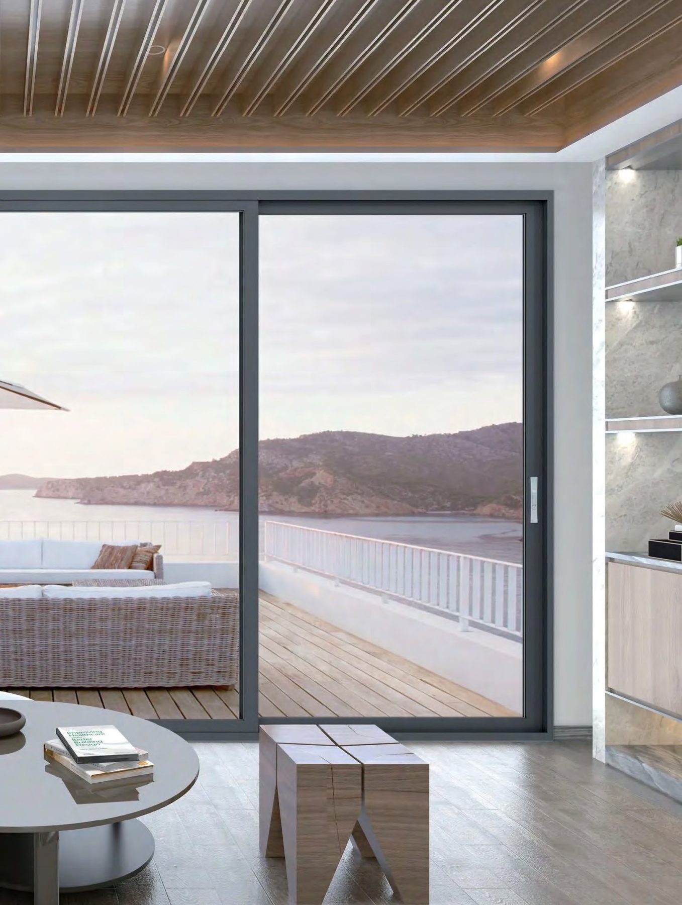 Three-track aluminum sliding door opening onto a sea-facing terrace, Thailand