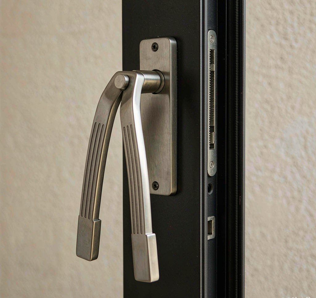 Brushed stainless lever handle on a matte black aluminum door